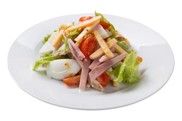 Dietary Salad Ham Egg Hard Cheese Mustard Seed Dressing Plate — Stock Photo, Image