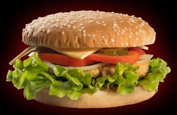 Hamburger Lub Kanapka Indykiem Sałatą Serem Pomidorem Cebulą Ogórkiem Marynowanym — Zdjęcie stockowe