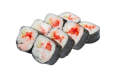 Çin böreği, suşi beyaz bir zemin üzerine dizilmiş, Japon yemeği, yosun, pirinç ve balığa sarılmış, sebze ve wasabi, izole edilmiş