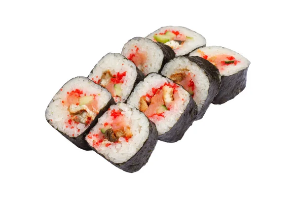 Sushi Rolos Variedade Fundo Branco Isolado Arroz Peixe Caranguejo Abacate — Fotografia de Stock