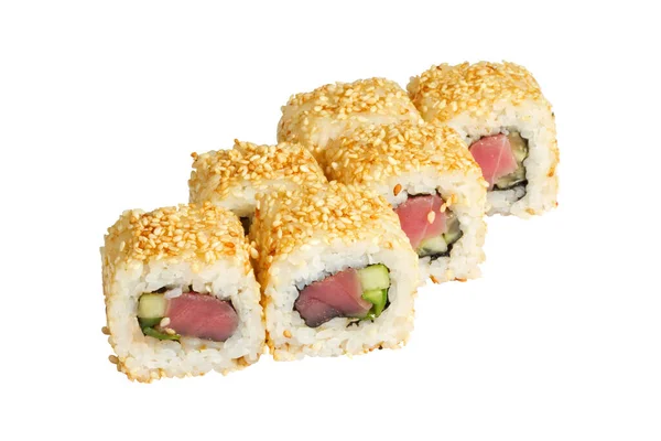 寿司和卷在不同的白色背景上隔离 米饭和鱼 螃蟹和鳄梨 鱼子酱 日本菜 — 图库照片