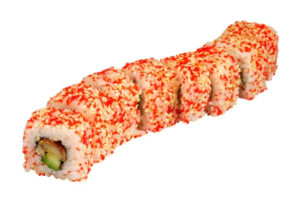 Sushi Rolos Variedade Fundo Branco Isolado Arroz Peixe Caranguejo Abacate — Fotografia de Stock