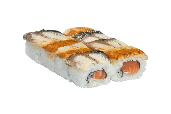 Rolls Sushi Lined White Background Japanese Food Rice Fish Vegetables — Stock Photo, Image