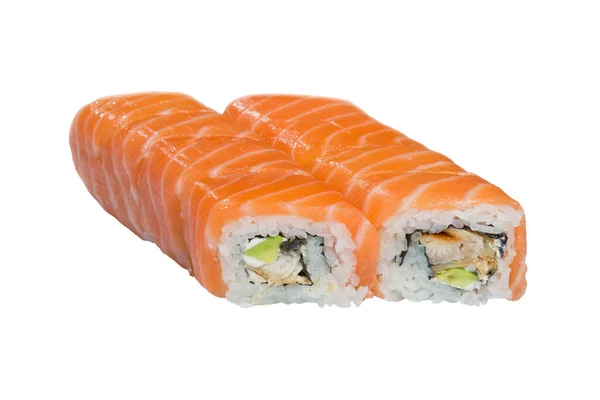 Rotoli Sushi Foderato Sfondo Bianco Cibo Giapponese Riso Pesce Verdure — Foto Stock