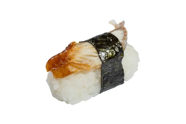 Sushi Nigiri Rýžová Cola Uzený Úhoř Lemované Vrcholu Izolované Bílém — Stock fotografie