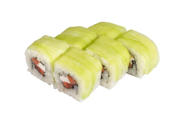 Rolls Sushi White Background Isolated Rice Fish Avocado Fish Roe — Stock Photo, Image