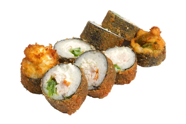 Hot Rolls Assortment White Background Isolated Rice Fish Crab Avocado — Stock Photo, Image
