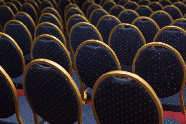 Seçkin mavi koltuklu büyük konferans odası, rahat sandalyeler, bir sürü sandalye veya sandalye, dikiz manzaralı.