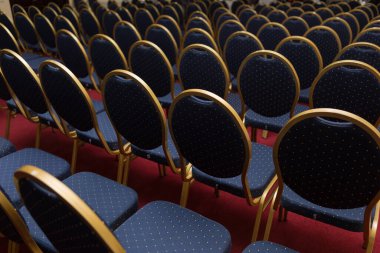 Seçkin mavi koltuklu büyük konferans odası, rahat sandalyeler, bir sürü sandalye veya sandalye, dikiz manzaralı.