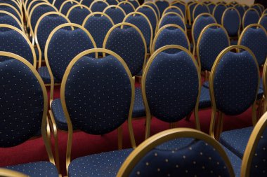 Elit mavi koltukları, rahat sandalyeleri, bir sürü koltuğu ve sandalyesi olan büyük bir konferans salonu.