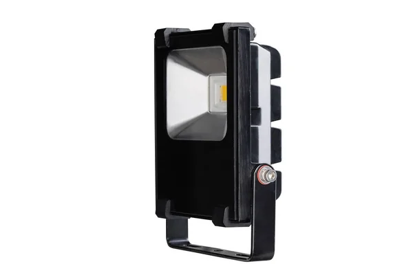Czarny Projektor Potężną Lampą Led Oświetlenia Zewnętrznego Oszczędność Energii Widok — Zdjęcie stockowe