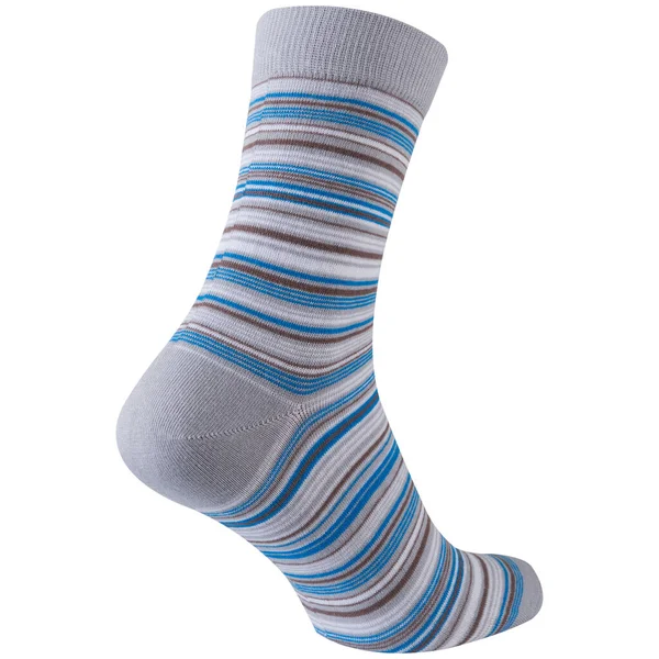 Objemné Světle Šedé Ponožky Bílých Azurových Pruzích Různé Tloušťky Umístěné — Stock fotografie