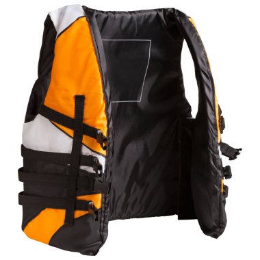 can yeleği, siyah, beyaz ve turuncu renkli, düğmeleri açık, beyaz arka planda, izole edilmiş