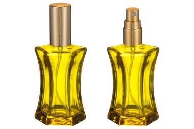 Parfüm için boş cam şişe, kapakla kaplanmış, beyaz arka planda.