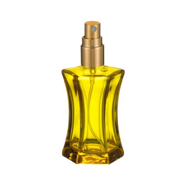 Beyaz arka planda parfüm için boş cam şişe.