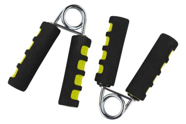 Eli eğitmek için iki genişletici, çelik yay ile, beyaz arka planda, izole