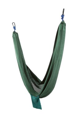 İpek kumaştan yeşil hamak, kumaş örgü, hamak beyaz arka planda asılı, boş hamak, izole