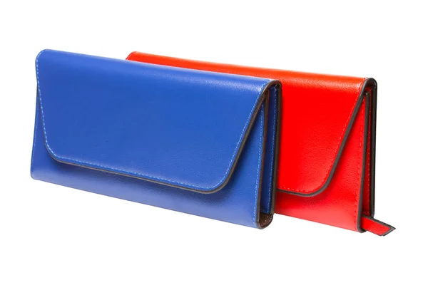 Twee Kleine Vrouwelijke Tassen Twee Portemonnees Blauw Rood Witte Achtergrond — Stockfoto
