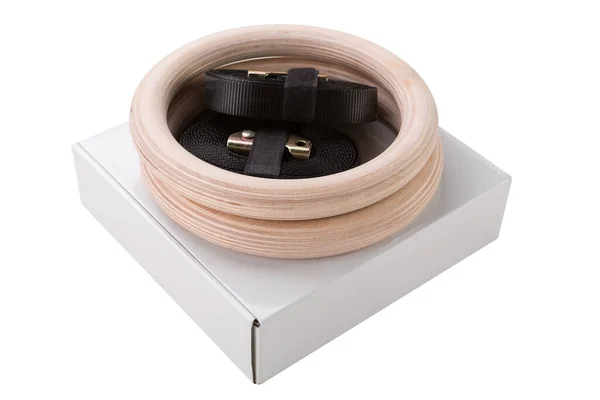 Egy Készlet Fából Készült Tornatermi Gyűrű Fehér Alapon Két Gyűrű — Stock Fotó