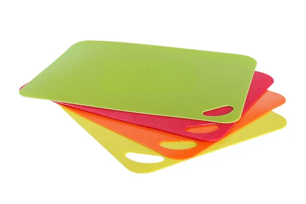 Four Multi Colored Plastic Boards Cutting Vegetables Chopping Boards White — Stock Photo, Image