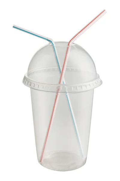 白い背景に2本のストローのついたスムージー用のプラスチックカップは — ストック写真