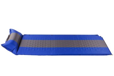 Yürüyüş ya da kamp için şişirilebilir yatak, mavi ve gri renkli, beyaz arka planda, izole