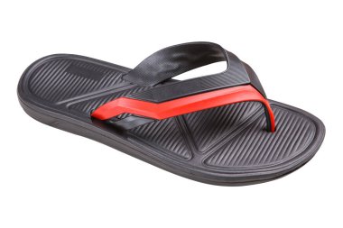 Plaj ya da havuz için siyah kauçuk bir terlik, yaz ayakkabıları, beyaz bir arka plan.