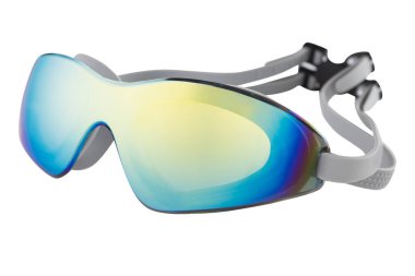 Denizde ya da okyanusta yüzmek için gözlük, büyük aynalı camlarla, beyaz arka planda, izole edilmiş.