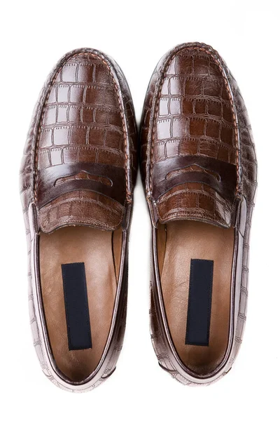 Brown Reptile Leather Men Shoes Top View White Background Pair — Stock Photo, Image