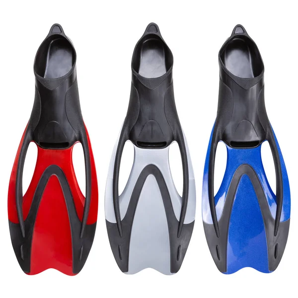 Üç farklı renkte palet, dalış için veya yüzmek için, mavi, gri ve kırmızı, beyaz arkaplanda, izole