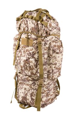 Büyük kamuflaj sırt çantası, avlanmak ya da balık tutmak için, bir savaşçı için, beyaz arka planda, izole