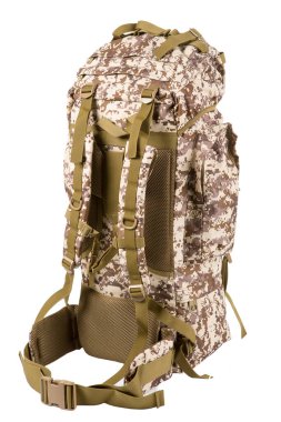 Büyük kamuflaj sırt çantası, avlanmak ya da balık tutmak için, bir savaşçı için, beyaz arka planda, izole