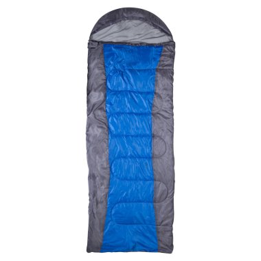 Beyaz arka planda mavi çizgili gri uyku tulumu, dikey olarak ayarlanmış.