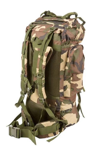 Büyük kamuflaj sırt çantası, avlanmak ya da balık tutmak için, bir savaşçı için, beyaz arka planda, izole
