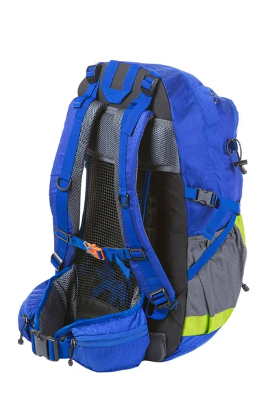 Sac Dos Bleu Taille Moyenne Tourné Sur Dos Sur Fond — Photo