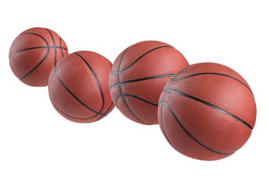 Beyaz arka planda dört kahverengi basket topu zıplıyor.