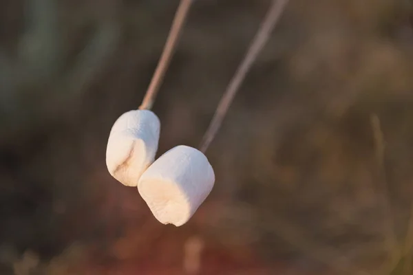 Dua Marshmallow Putih Pada Dua Tongkat Atas Api Unggun Konsep — Stok Foto