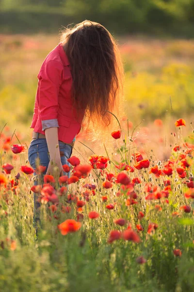Haşhaş tarlasında kafasını eğmiş saçları rüzgarda dalgalanan, kavramsal fotoğrafçılık