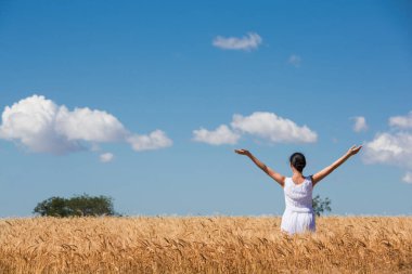 Olgun altın buğday tarlasında bir kadın doğayı kucaklıyor, mavi gökyüzü bulutlu, güneşli bir gün.