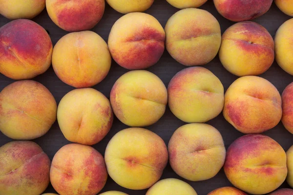 Ripe Peaches Boxes Close Harvesting Top View — Photo