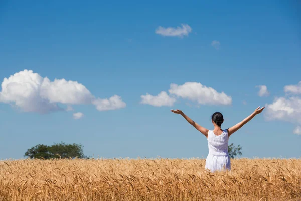 woman in a ripe golden wheat field hugging nature, blue sky with clouds, sunny day