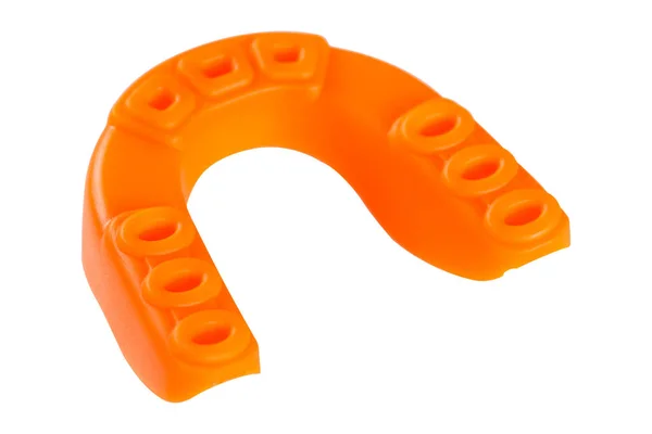 Orange Sports Mouth Guard Protection Teeth Box Rubber White Background — Stok fotoğraf