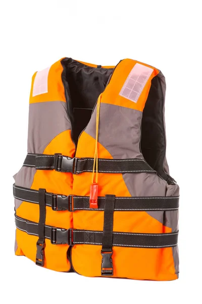 Oranje Reddingsvest Witte Achtergrond Vest Dicht Geïsoleerd — Stockfoto