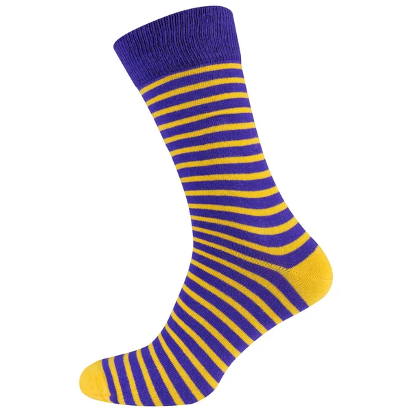 Vysoká Hipster Modrá Ponožka Žlutými Pruhy Bílém Pozadí Izolovat — Stock fotografie