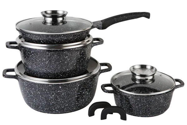New Set Dishes Three Black Pots One Frying Pan Stand — стоковое фото