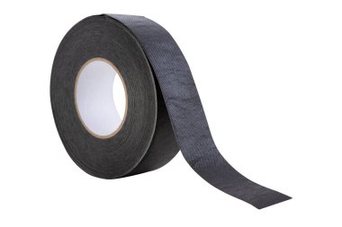 a roll of black adhesive tape, for hermetic joints of roofing materials, when mounting the roof, on a white background
