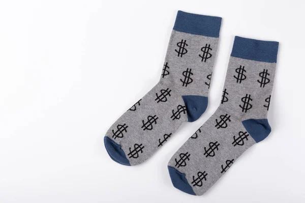 Pair Gray Socks Pattern Shape Dollar Signs Lie White Background — Stockfoto