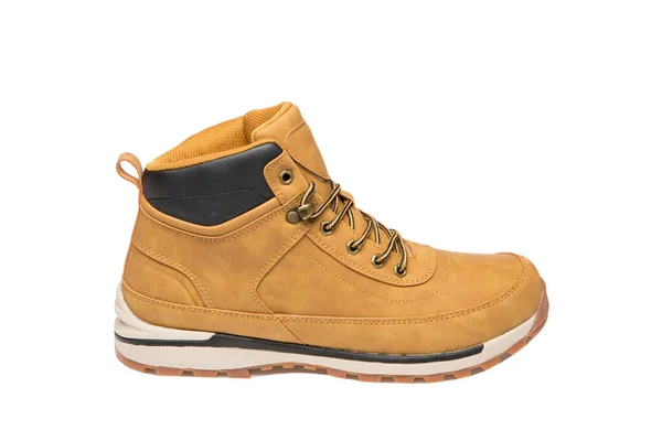 One Male Yellow Nubuck Leather Boot Sport Shoes White Background — Stockfoto