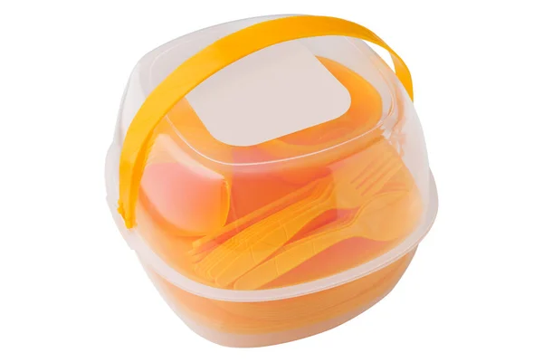 Set Yellow Plastic Crockery Camping Transparent Plastic Container White Background — Φωτογραφία Αρχείου