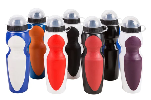 Lot Bottles Water Lined Row Colored Reusable Bottles Sports White — Stockfoto